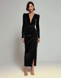 Olive Sheath Velvet Deep V-Neck Long Holiday Party Dress with Sleeves