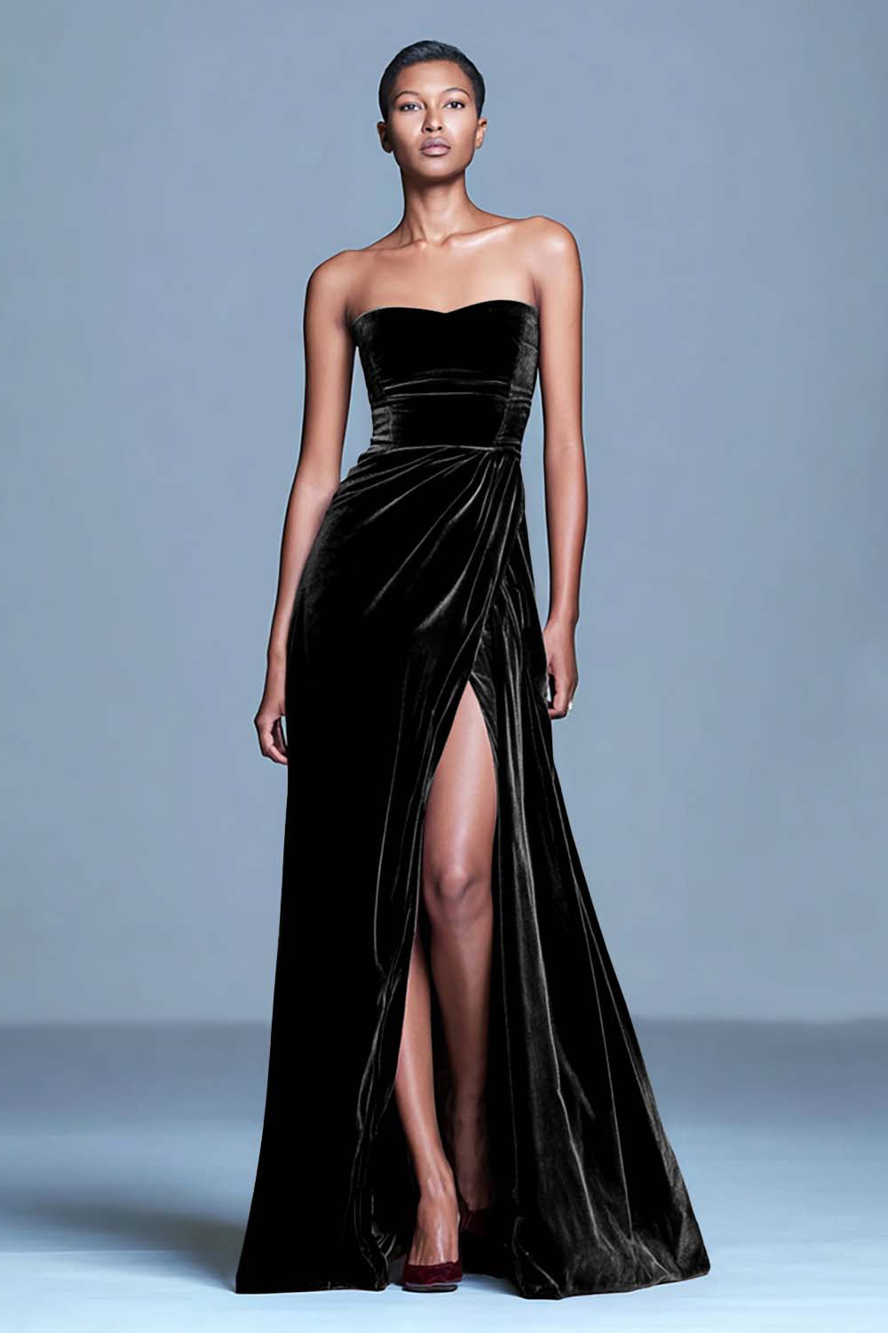 Zapakasa Women Burgundy Velvet Long Holiday Party Dress with Slit Strapless Sheath Formal Dress Zapakasa Women Burgundy Velvet Long Holiday Party Dress with Slit Strapless Sheath Formal Dress