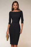 Navy Pencil Boat Neck Midi Work Dress with Sleeves