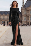 Caramel Velvet Sheath Ruched Long Sleeves Formal Dress with Slit