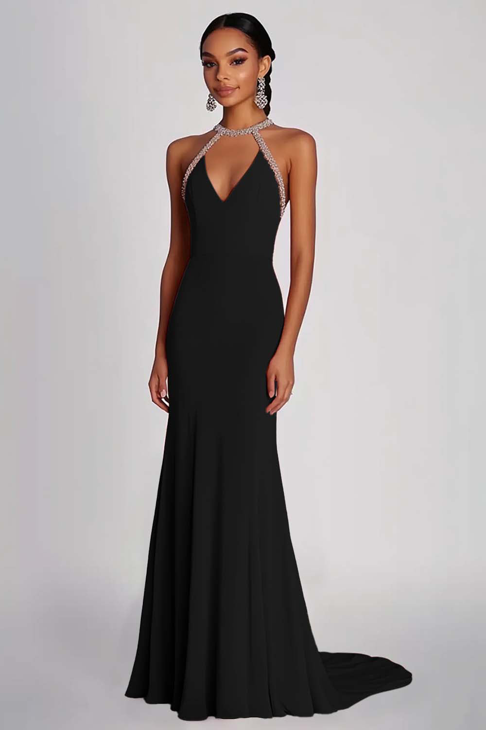 Pink Halter Neck Sheath Long Formal Dress with Beading