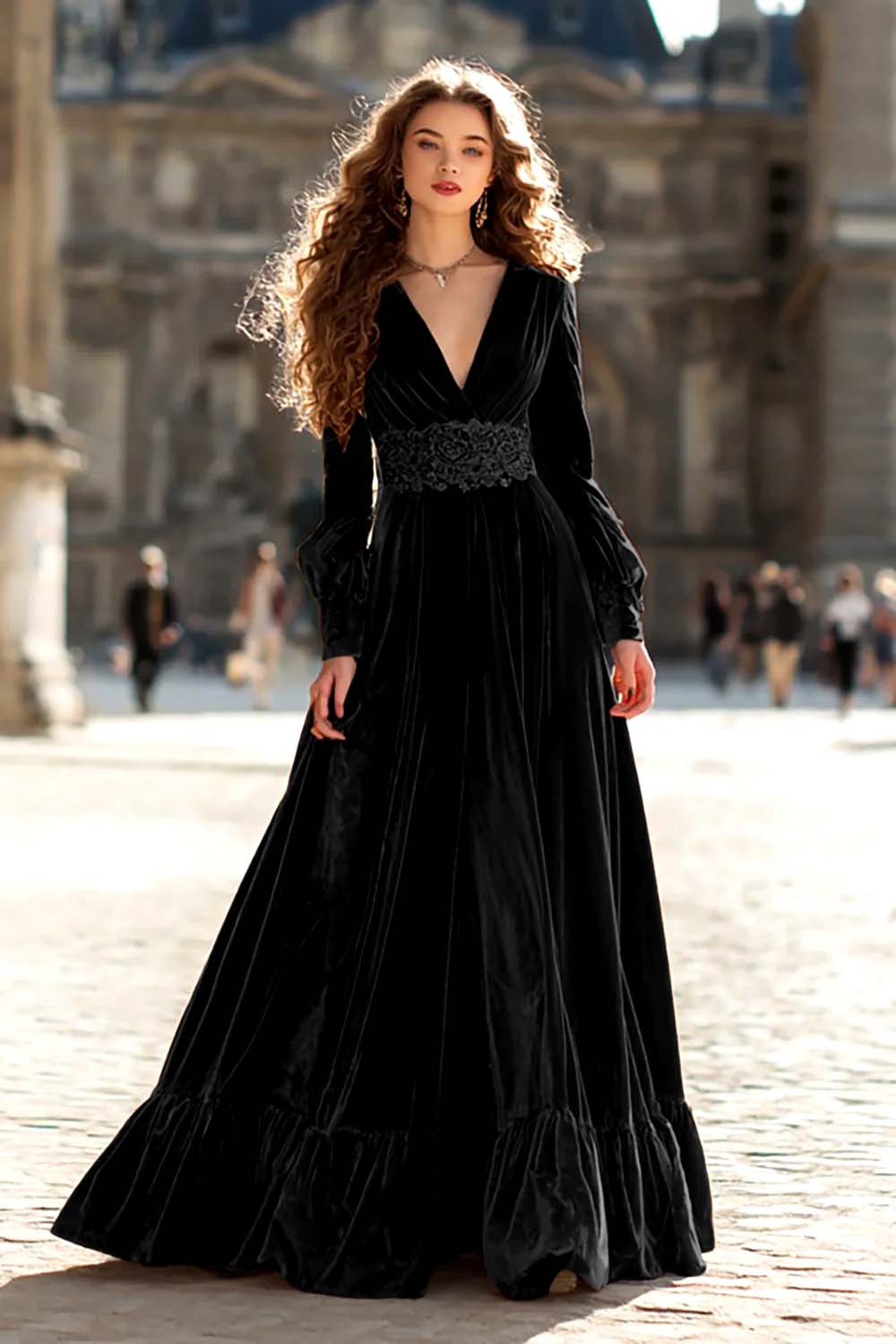 Zapakasa Women Brown Velvet Long Formal Dress with Sleeves A Line V-Neck Ruched Evening Dress with Ruffles Zapakasa Women Brown Velvet Long Formal Dress with Sleeves A Line V-Neck Ruched Evening Dress with Ruffles
