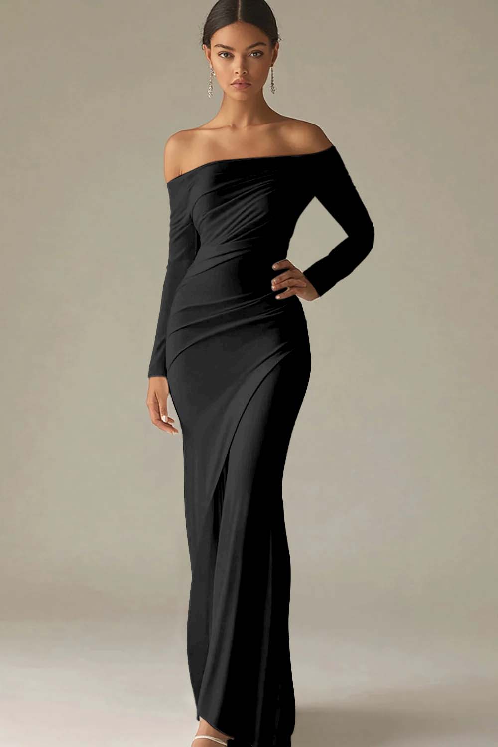 White Sheath Long Off the Shoulder Rehearsal Dinner Dress with Sleeves