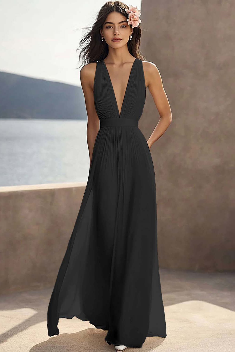 Chiffon Ivory Ruched Deep V-Neck Beach Maxi Engagement Dress