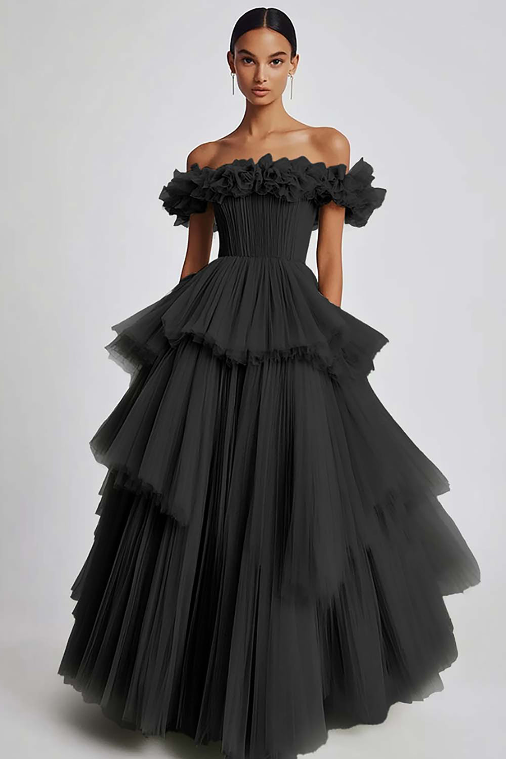 Dusty Sage Tulle Off the Shoulder Long Formal Dress with Ruffles
