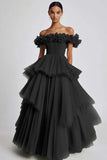 Dusty Sage Tulle Off the Shoulder Long Formal Dress with Ruffles