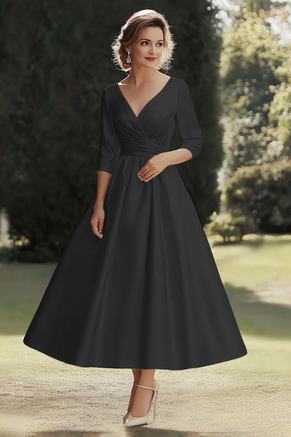 Champagne A Line Satin Half Sleeves Long Mother of the Bride Dress