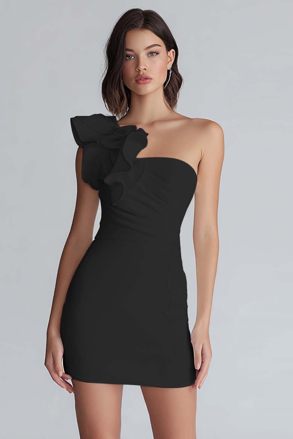 Ivory One Shoulder Satin Short Tight Graduation Dress