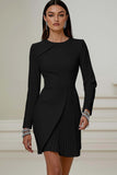 Ivory Pencil Pleated Round Neck Short Work Dress with Sleeves