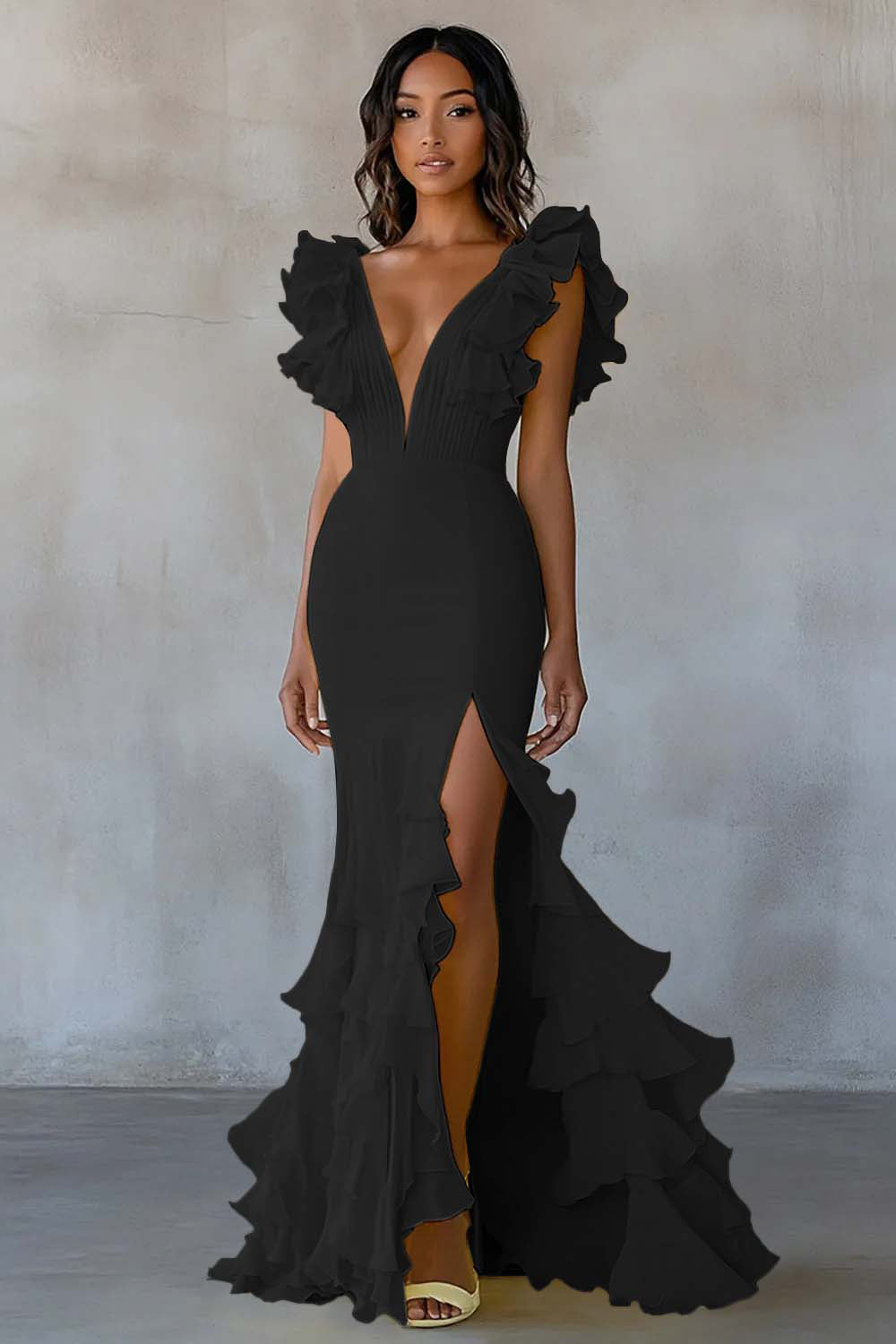 Yellow Chiffon Mermaid Long Formal Dress with Ruffles