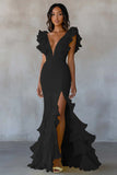 Yellow Chiffon Mermaid Long Formal Dress with Ruffles