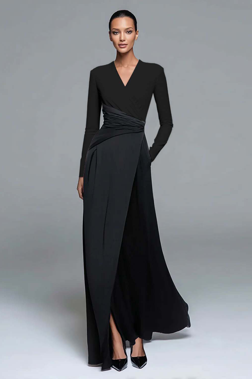 Black and White Patchwork Long Formal Dress with Pockets