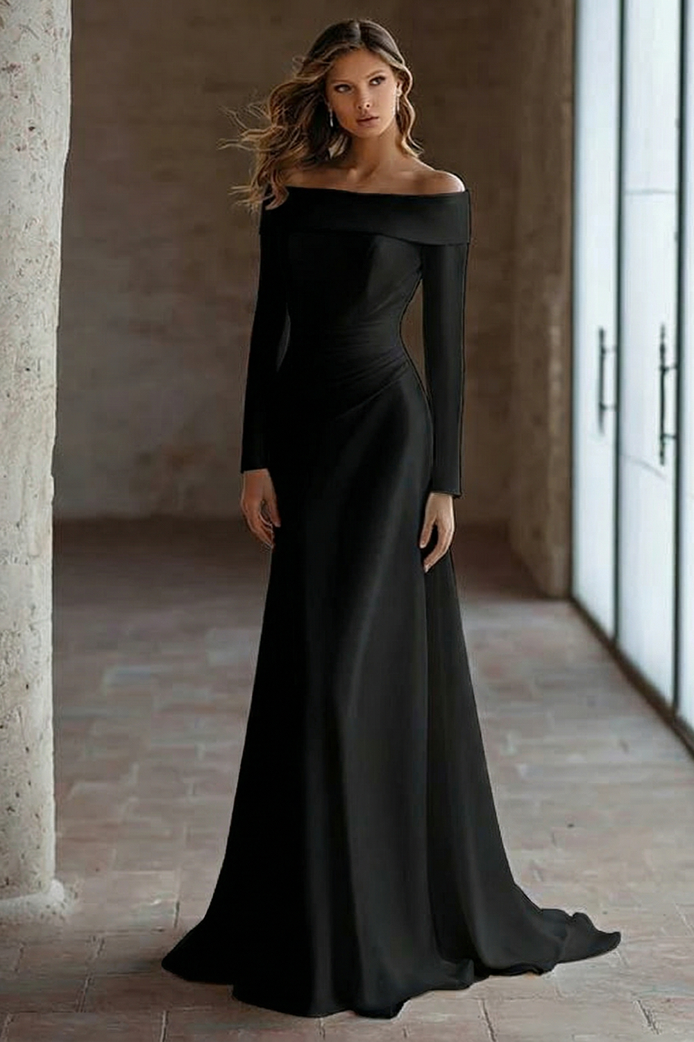 Ivory Satin Off The Shoulder Sweep Train Wedding Dress with Sleeves