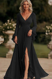 A Line Dark Grey Long Chiffon Mother of the Bride Dress with Slit