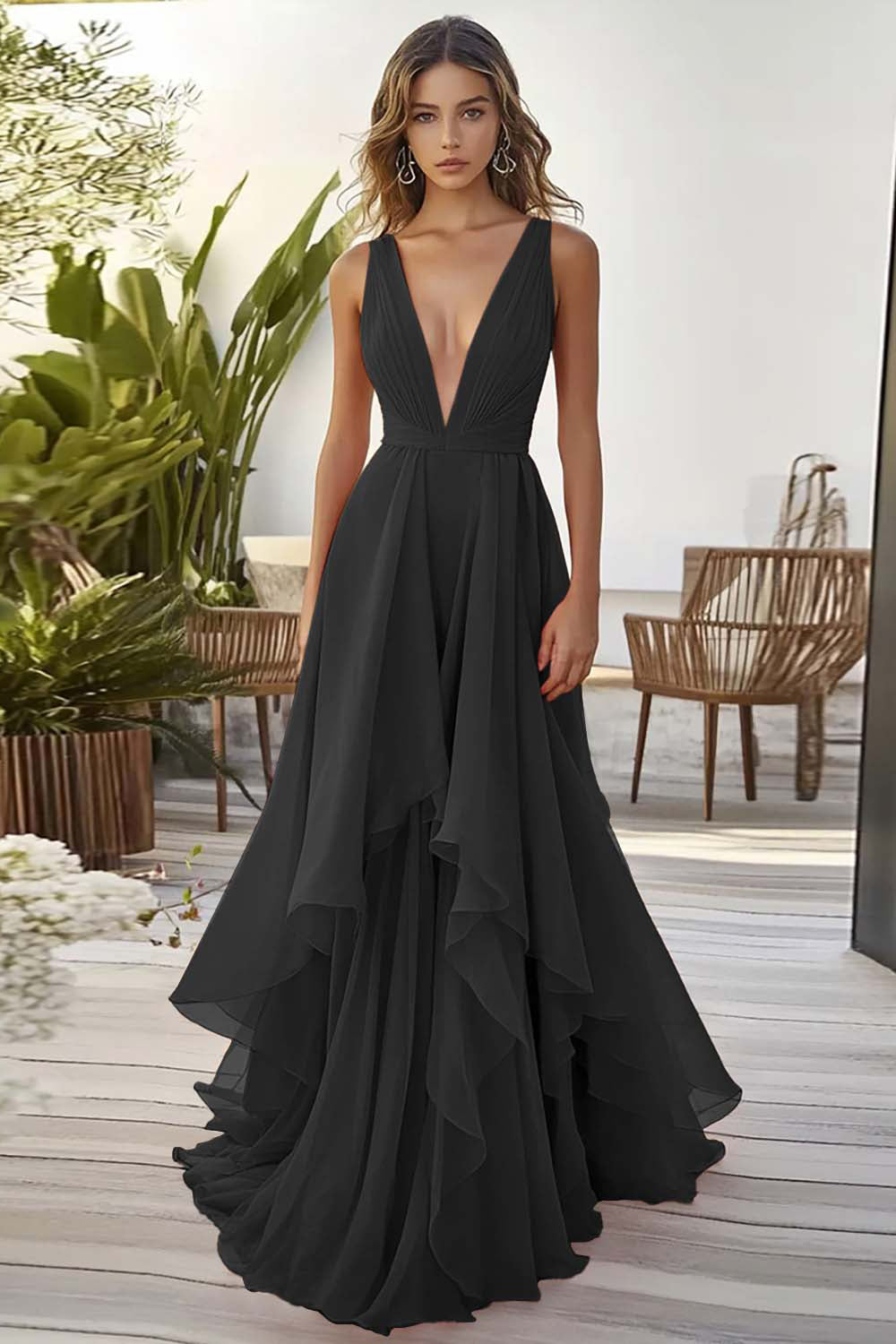 ZAPAKASA Women Dusty Blue Chiffon Long Wedding Guest Dress with Ruffles Deep V-Neck A Line Sleeveless Prom Dress ZAPAKASA Women Dusty Blue Chiffon Long Wedding Guest Dress with Ruffles Deep V-Neck A Line Sleeveless Prom Dress