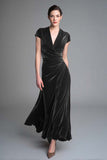 Caramel Velvet Ruched V Neck Long Holiday Party Dress with Sleeves