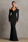 Burgundy Mermaid Halter Long Sleeves Long Formal Dress