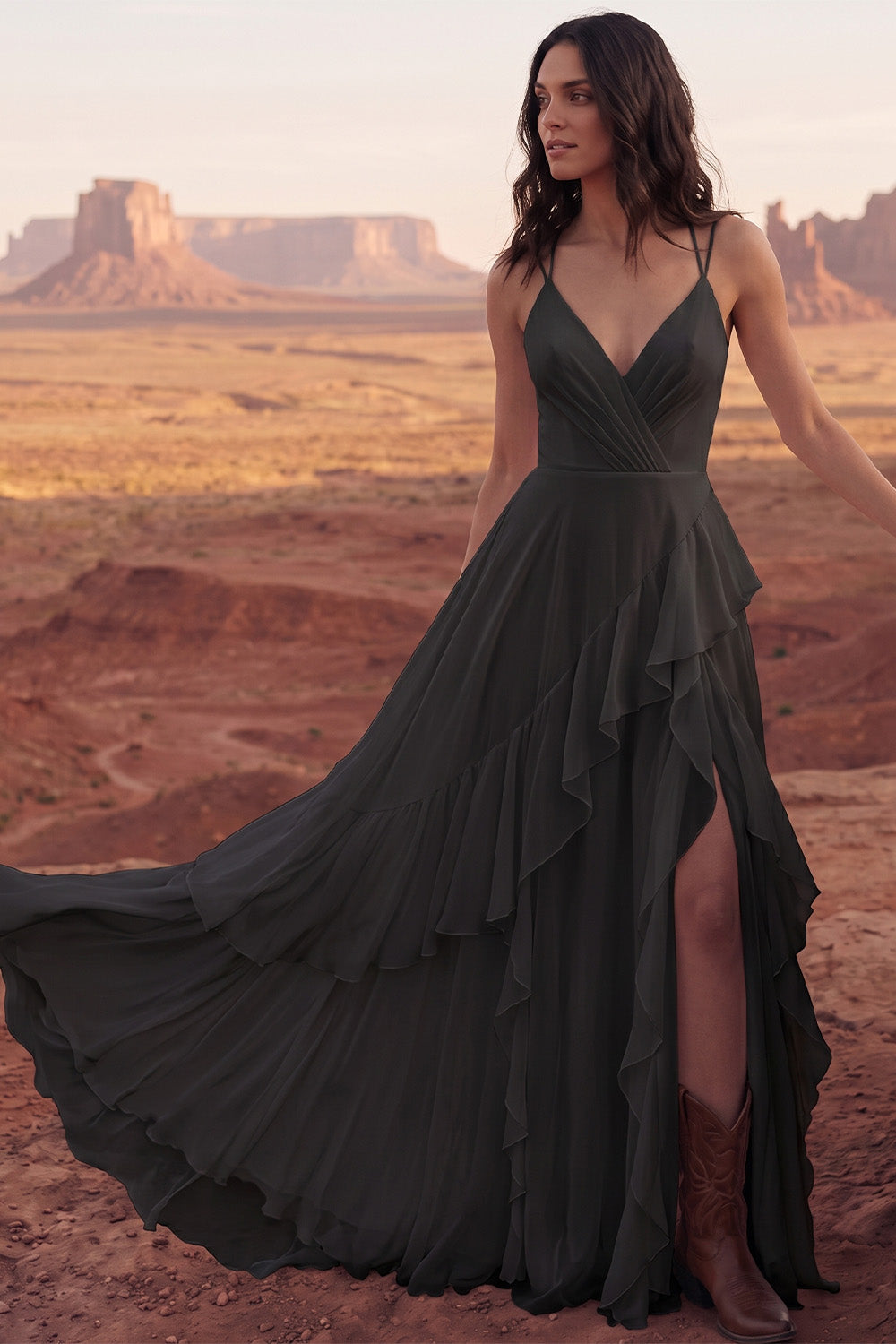 Ivory A Line Sweep Train Ruffled V-Neck Ruched Beach Wedding Dress with Slit