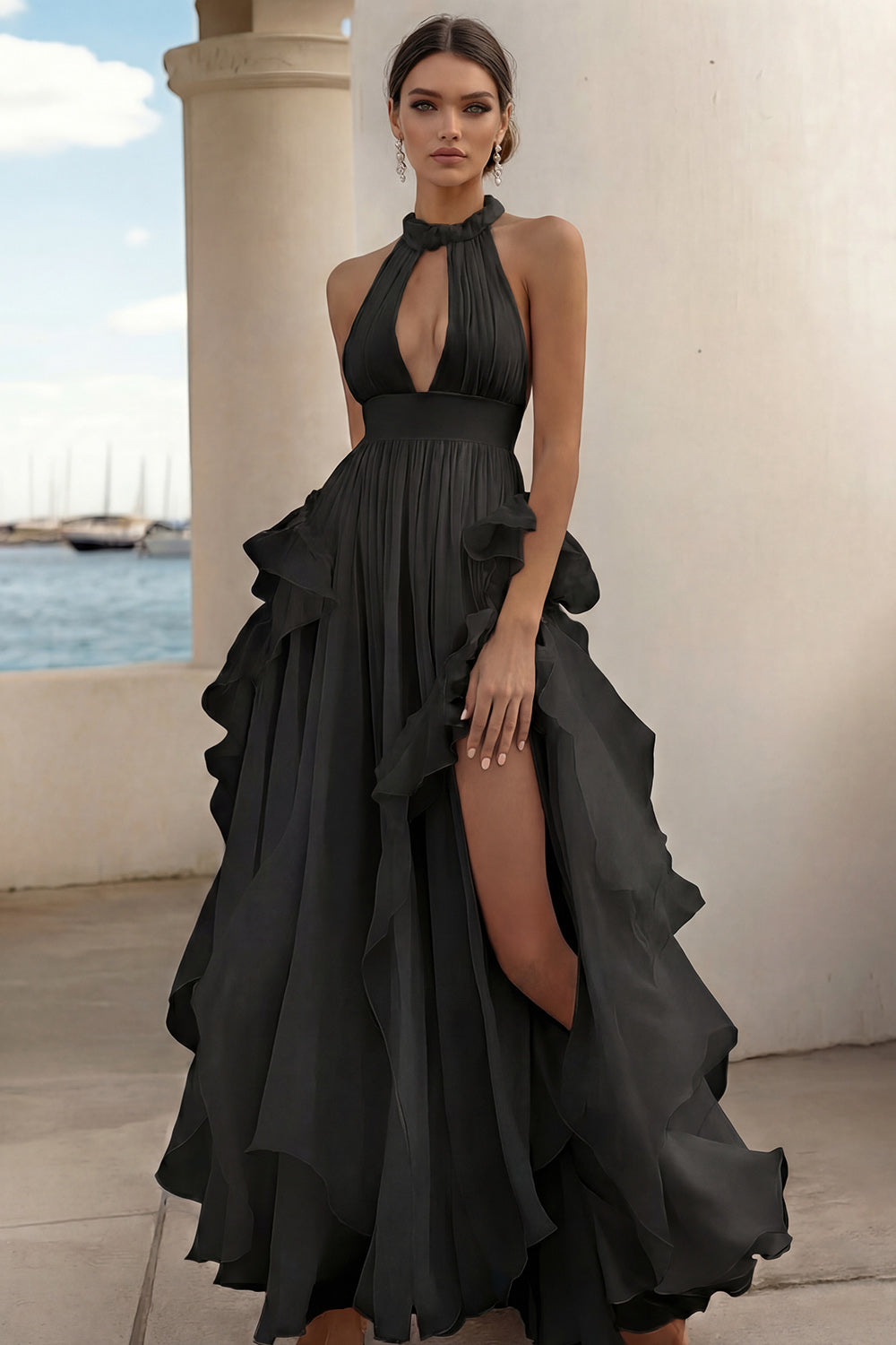 A Line White Ruffled Keyhole Long Rehearsal Dinner Dress with Slit