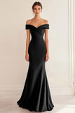 Navy Satin Off the Shoulder Sheath Long Formal Dress