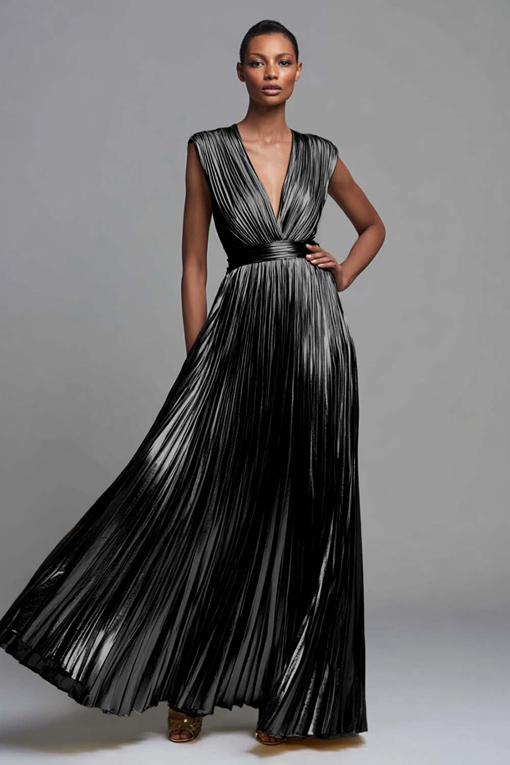 Sparkly Gold Deep V-Neck Metallic Pleated A-Line Long Formal Dress