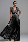 Sparkly Gold Deep V-Neck Metallic Pleated A-Line Long Formal Dress