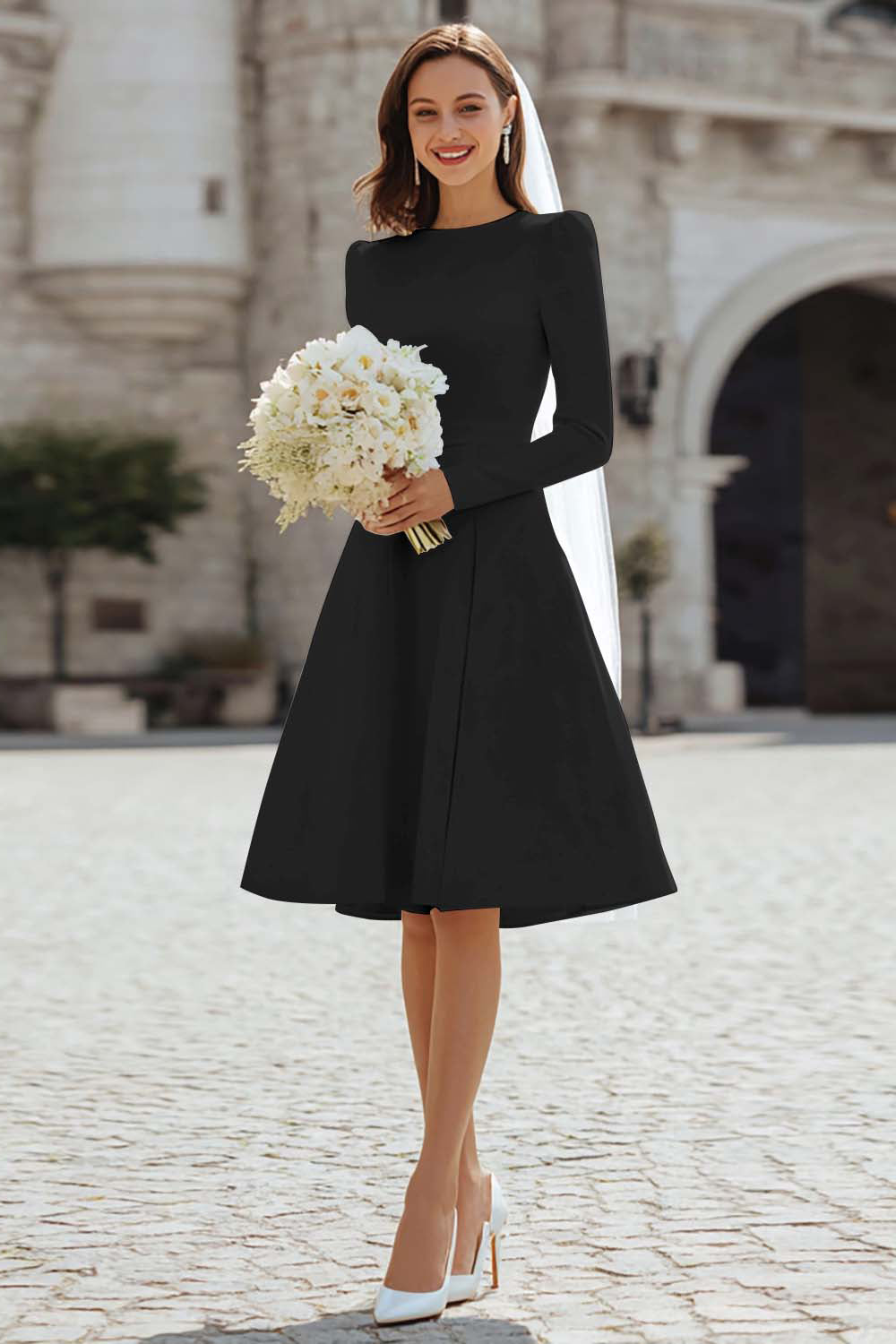 Ivory Satin Short A Line Wedding Dress with Sleeves