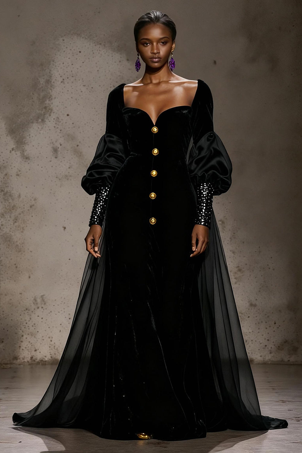 Burgundy Velvet Long Sleeves Formal Dress with Cape