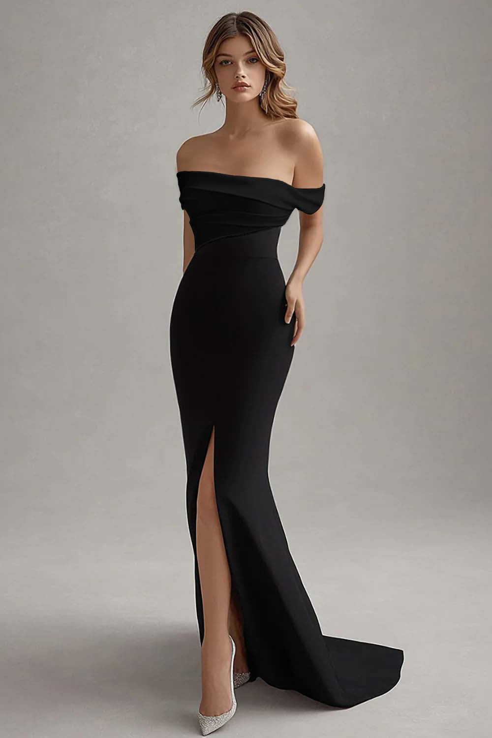 Black White Long Off the Shoulder Sheath Black Tie Dress with Slit