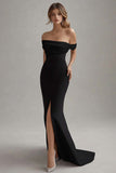 Black White Long Off the Shoulder Sheath Black Tie Dress with Slit