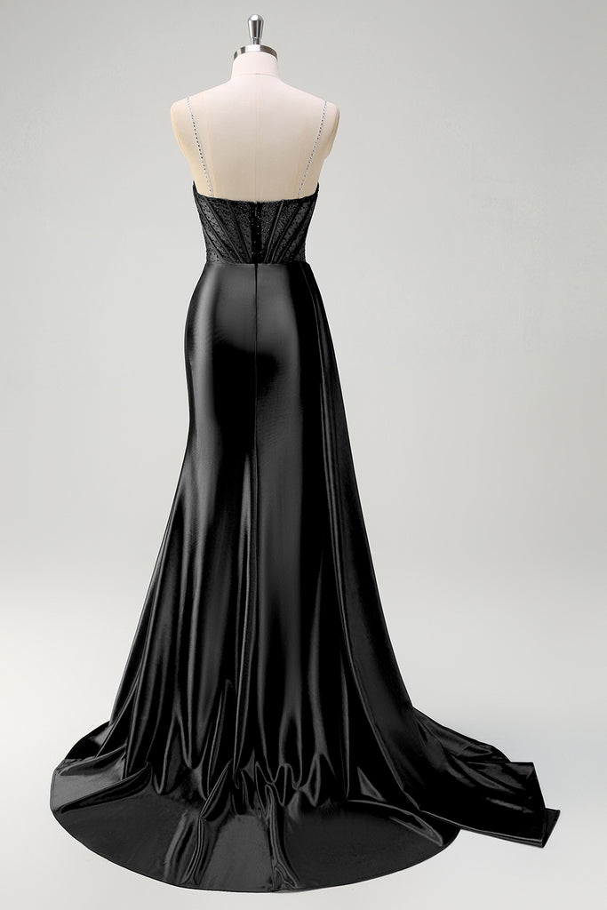 Sparkly Black Sequin Mermaid Corset Beaded Long Ball Dress with Ruffle Slit