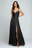 Silver Metallic Pleated Spaghetti Straps Long Formal Dress with Slit