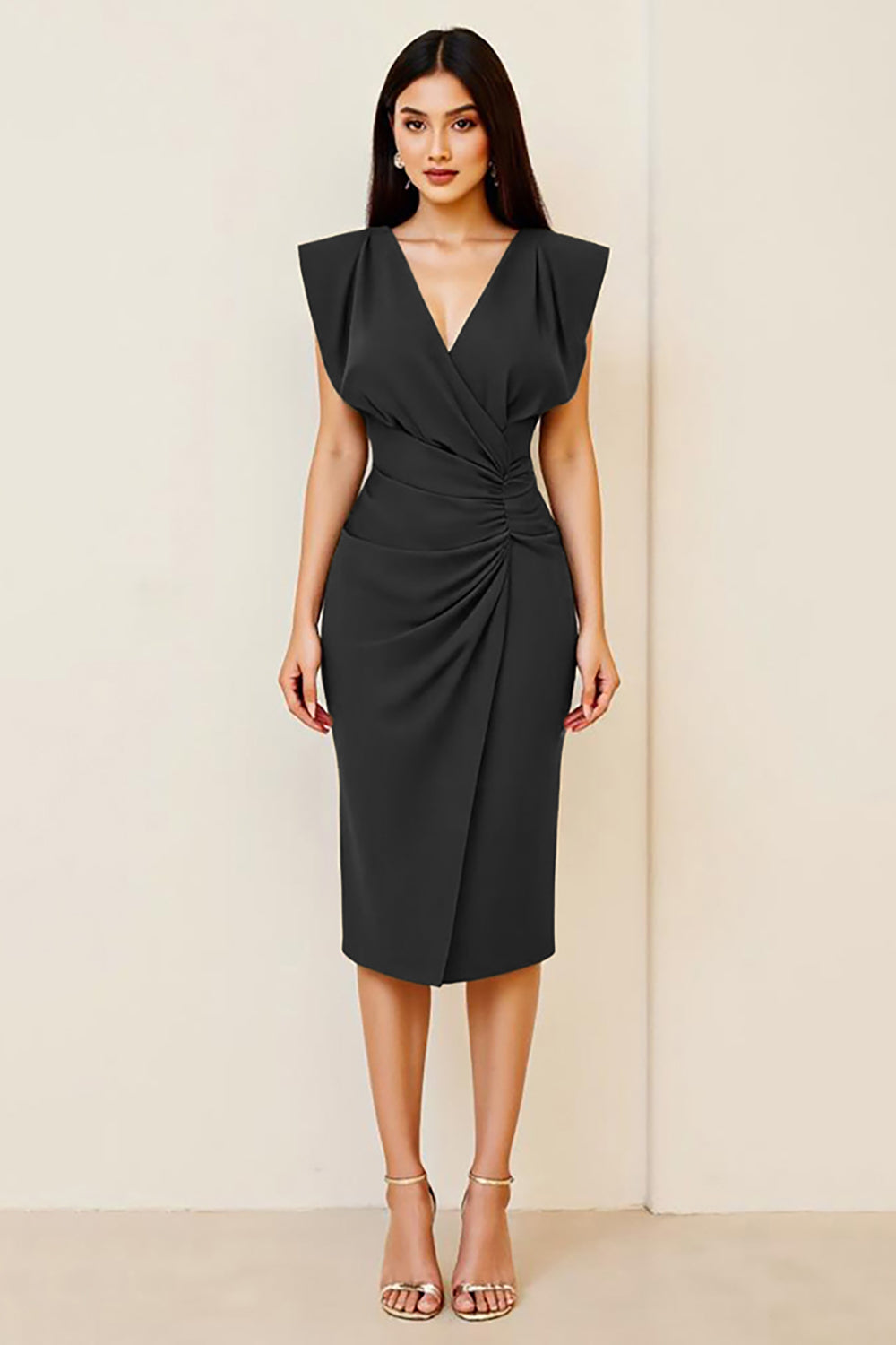 Olive Ruched Sheath Knee-Length Formal Dress with Cape Sleeves