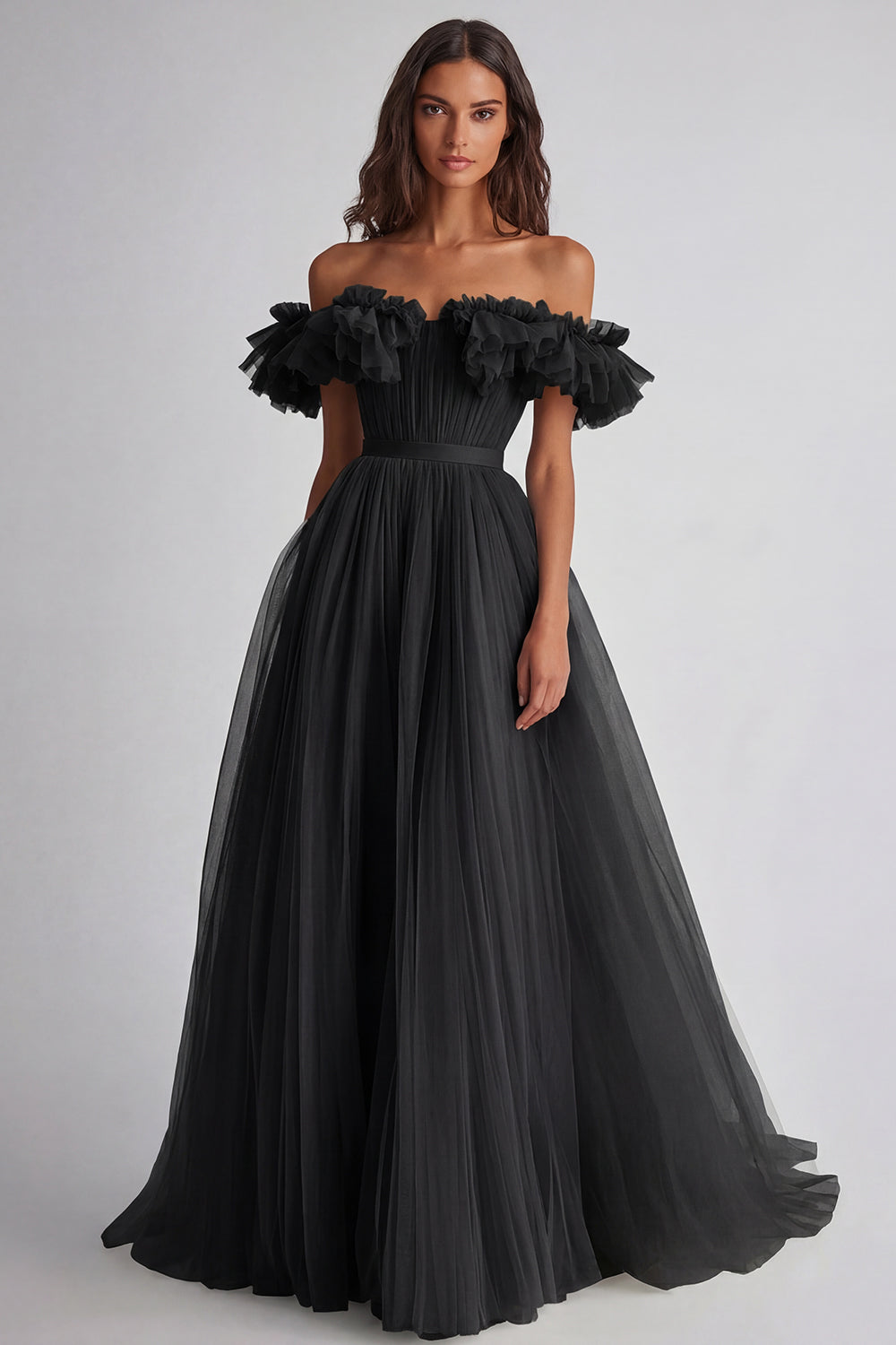 A Line Dusty Sage Off the Shoulder Long Wedding Guest Dress with Ruffles