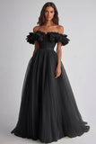 A Line Dusty Sage Off the Shoulder Long Wedding Guest Dress with Ruffles