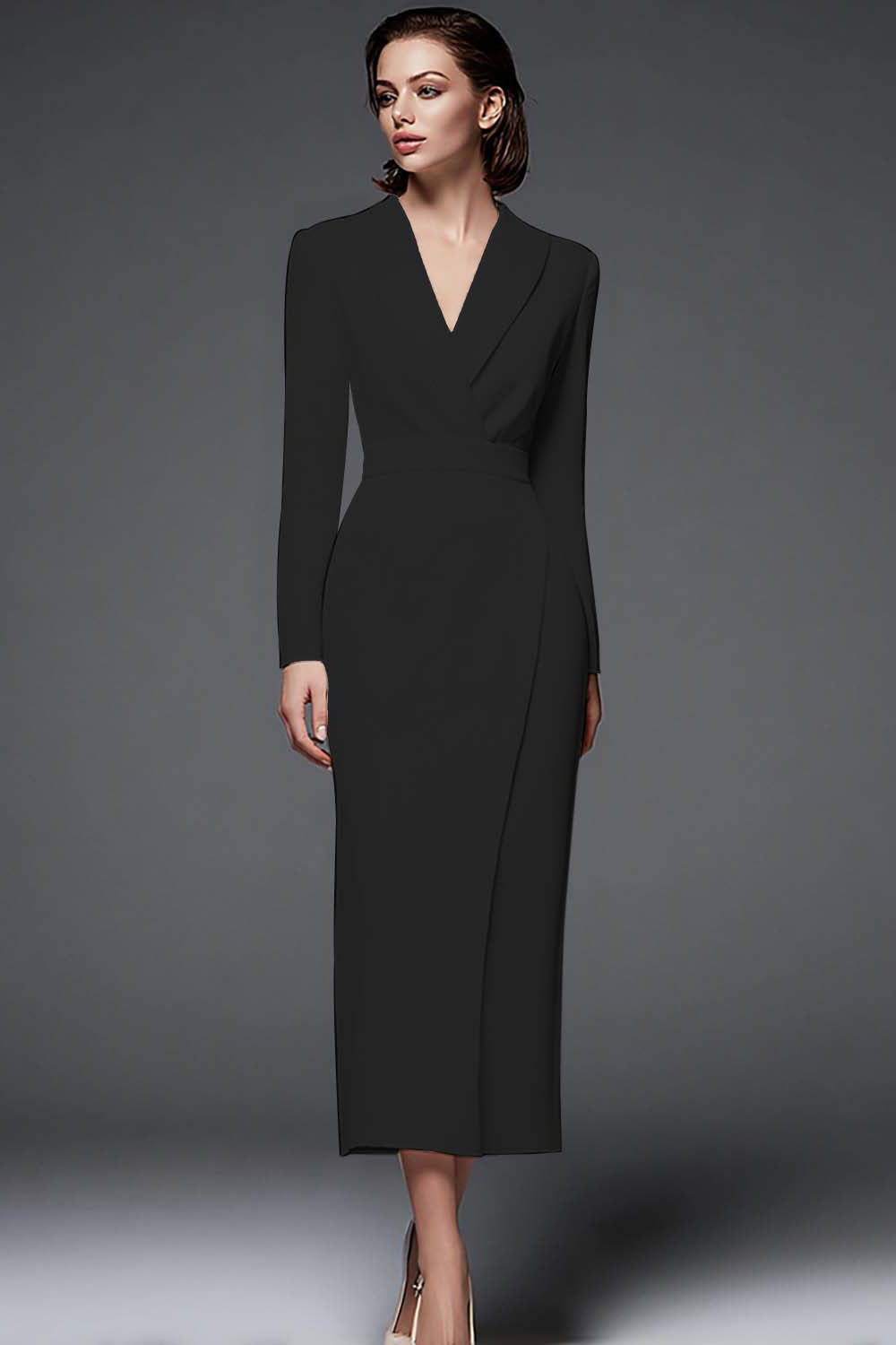 Simple Ivory Pencil Shawl Lapel Long Blazer Dress with Sleeves