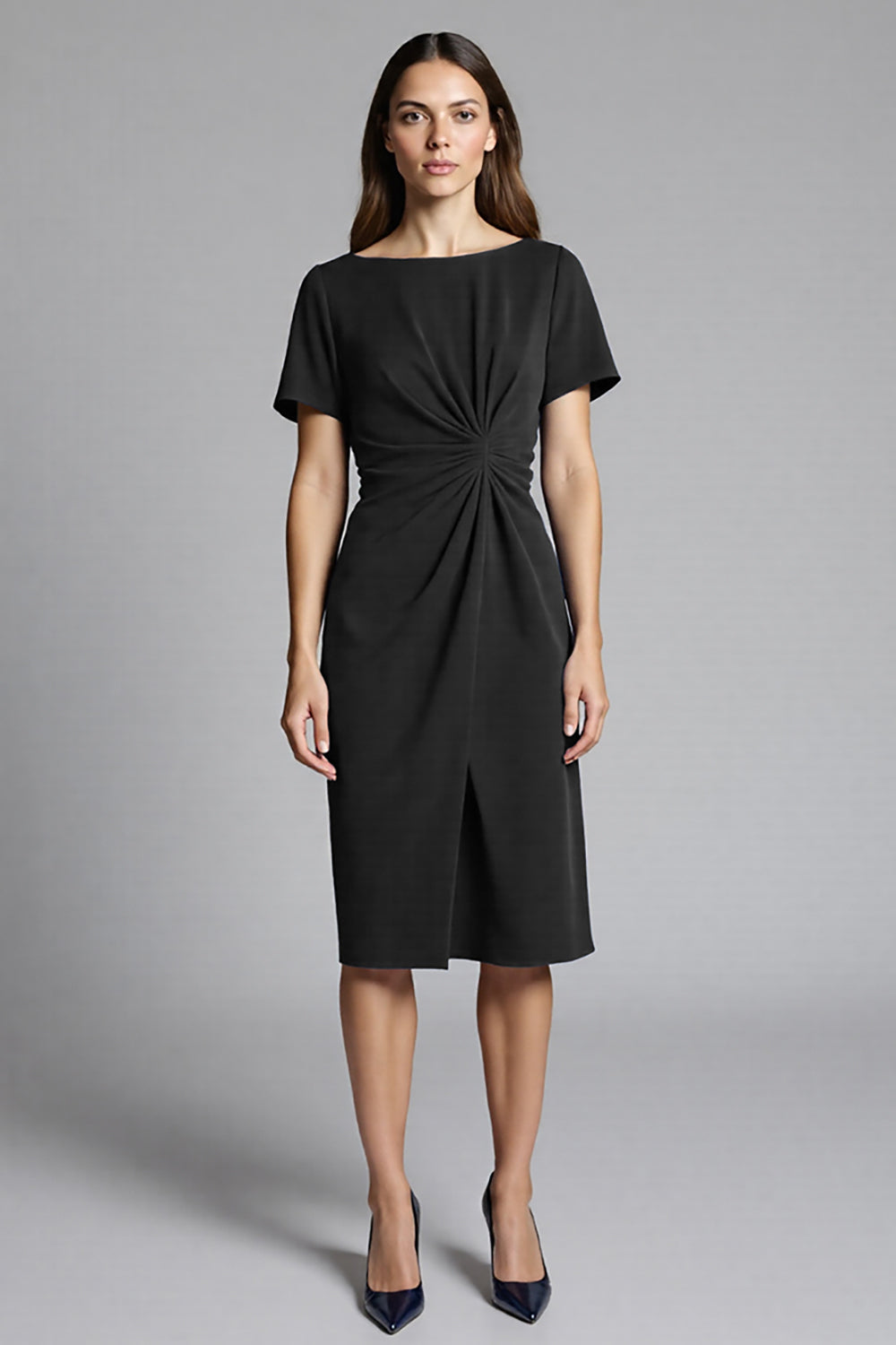 Navy Bodycon Ruched Midi Satin Work Dress with Short Sleeves