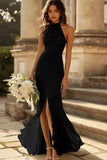 Dusty Sage Sheath Chiffon Halter Long Bridesmaid Dress with Slit