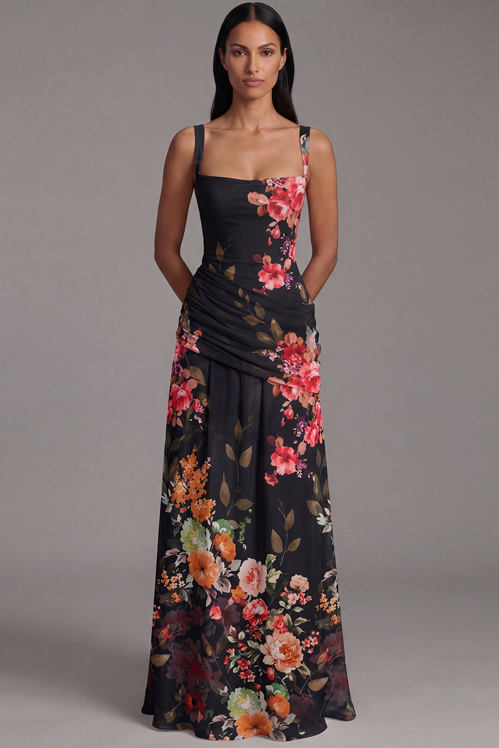 Square Neck A Line Draped Floral Maxi Ivory Beach Wedding Guest Dress