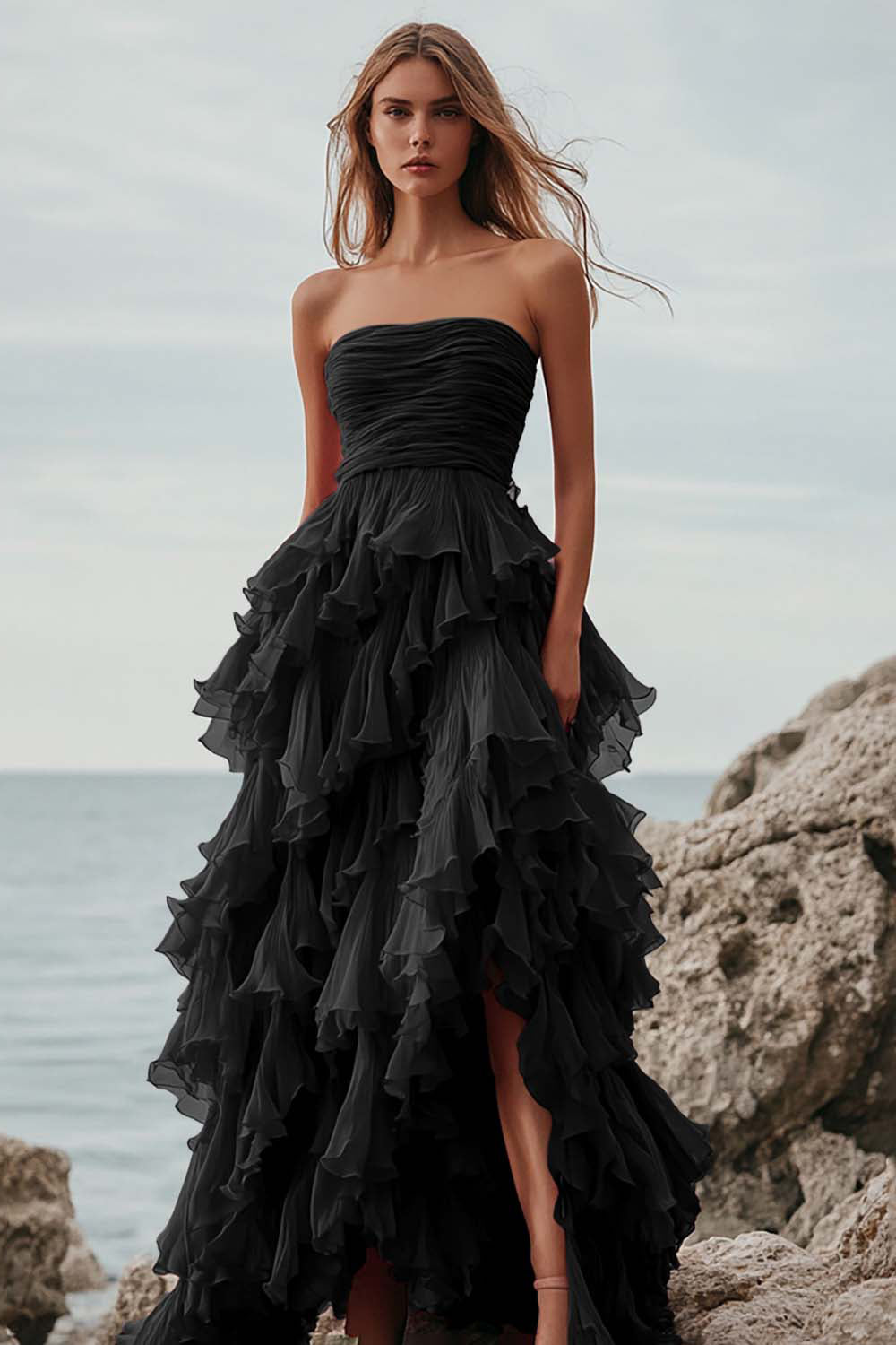 ZAPAKASA Women Fuchsia Tulle Long Prom Dress with Ruffles A Line Strapless Ruched Tiered Formal Dress ZAPAKASA Women Fuchsia Tulle Long Prom Dress with Ruffles A Line Strapless Ruched Tiered Formal Dress