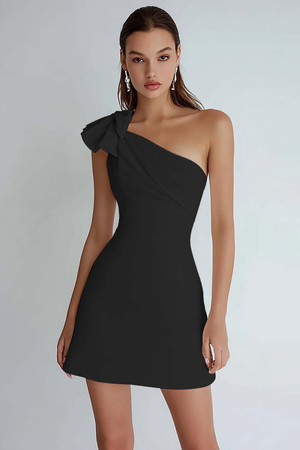 Ivory Satin One Shoulder Short A Line Graduation Dress with Bow