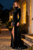 Navy Velvet High Neck Long Sleeves Holiday Party Dress with Slit