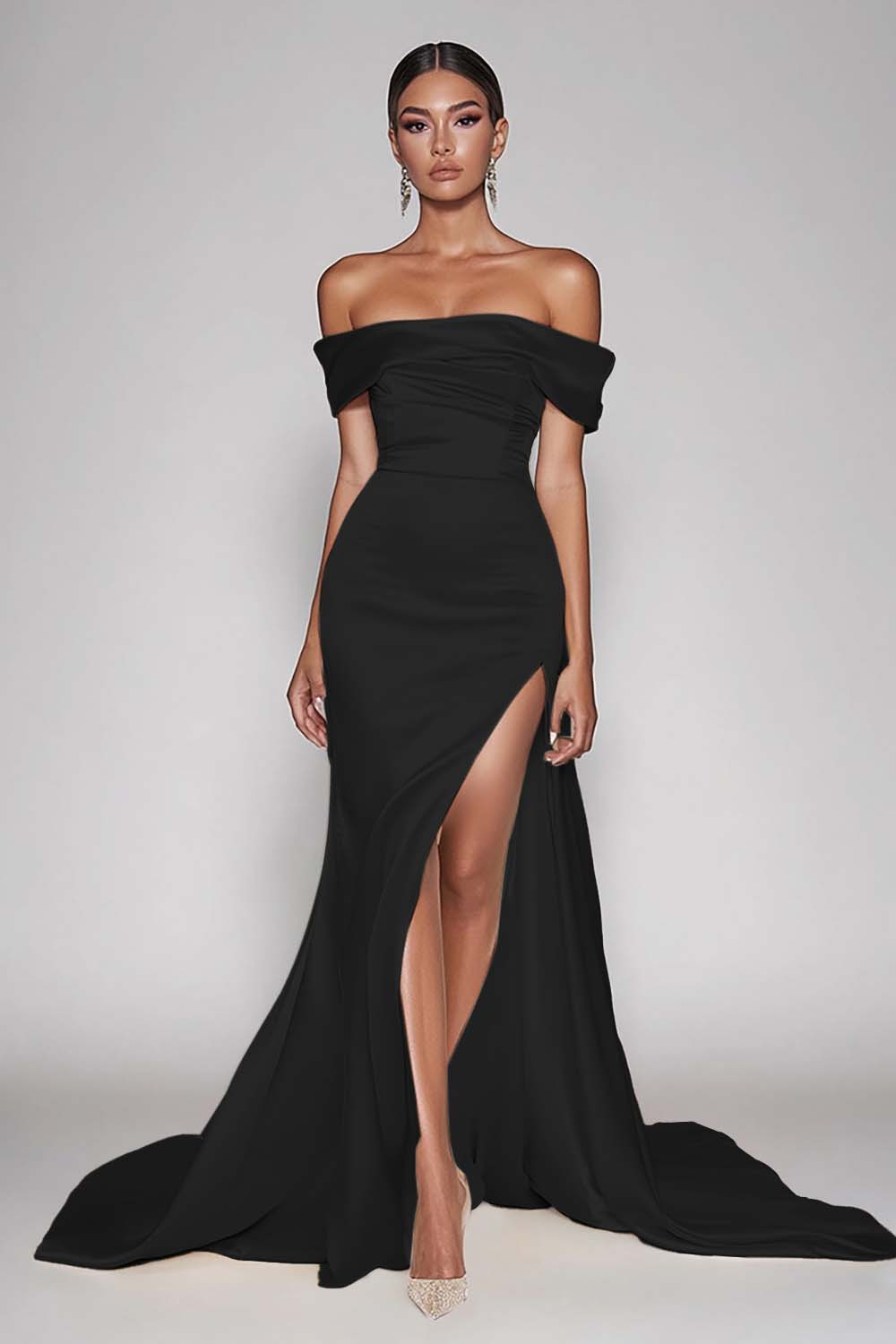 Zapaka Women Champagne Off The Shoulder Mermaid Prom Dress with Slit Satin Long Evening Dress, Steel Grey / UK20 Zapaka Women Champagne Off The Shoulder Mermaid Prom Dress with Slit Satin Long Evening Dress, Steel Grey / UK20