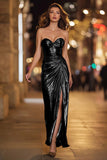 Sparkly Gold Metallic Ruched Sweetheart Long Formal Dress with Slit