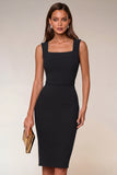 Square Neck Knee Length Navy Pencil Work Dress