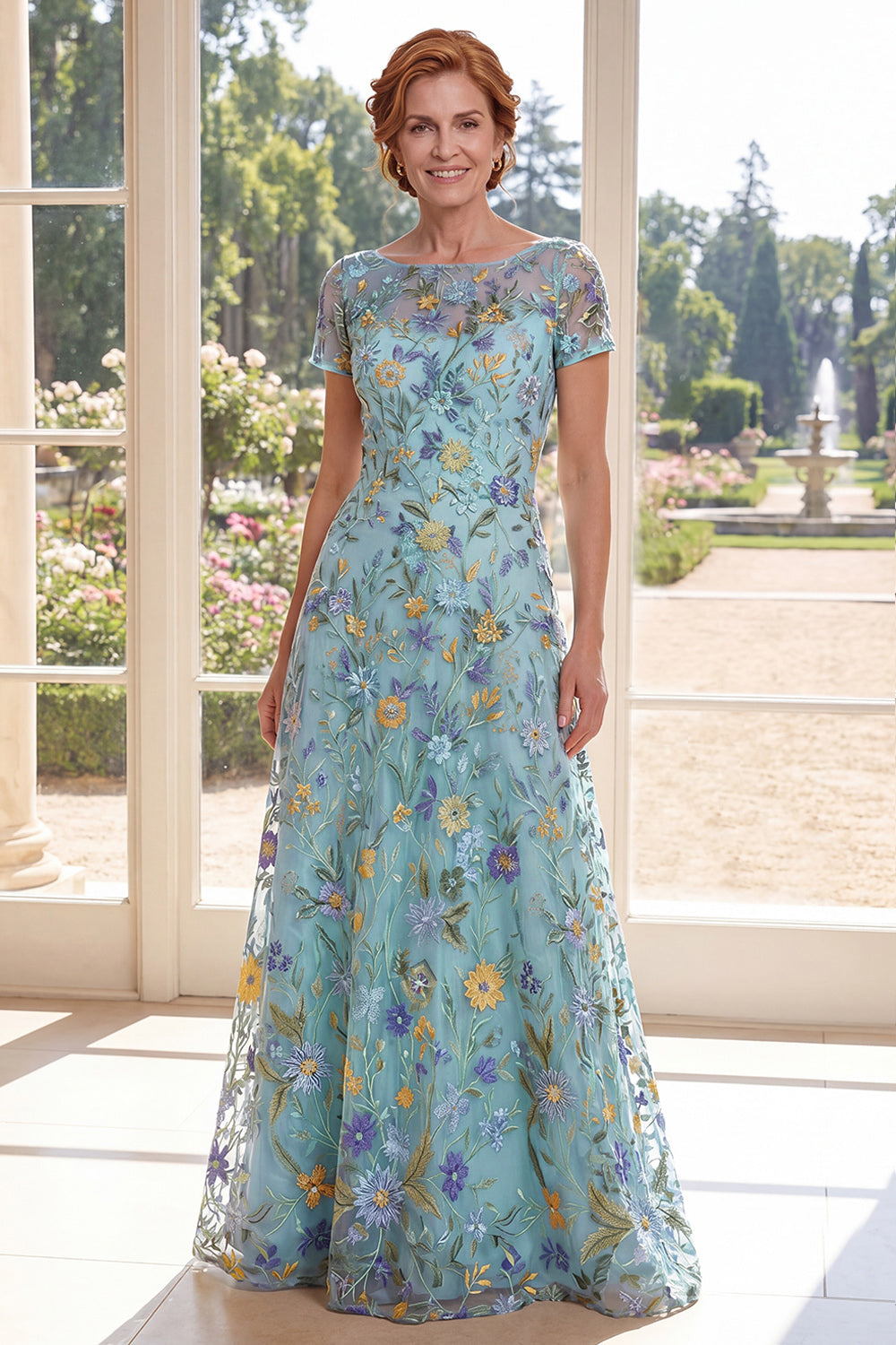 Short Sleeves A Line Long Green Floral Boat Neck Mother of the Bride Dress