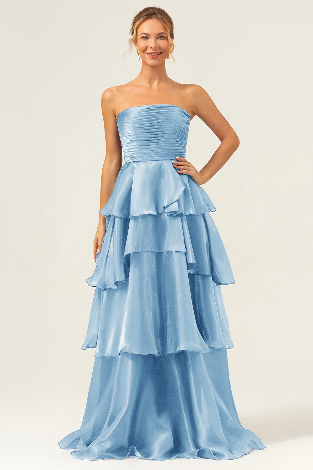 Dark Navy A Line Strapless Tiered Satin Long Bridesmaid Dress - Blue / US2 Dark Navy A Line Strapless Tiered Satin Long Bridesmaid Dress - Blue / US2
