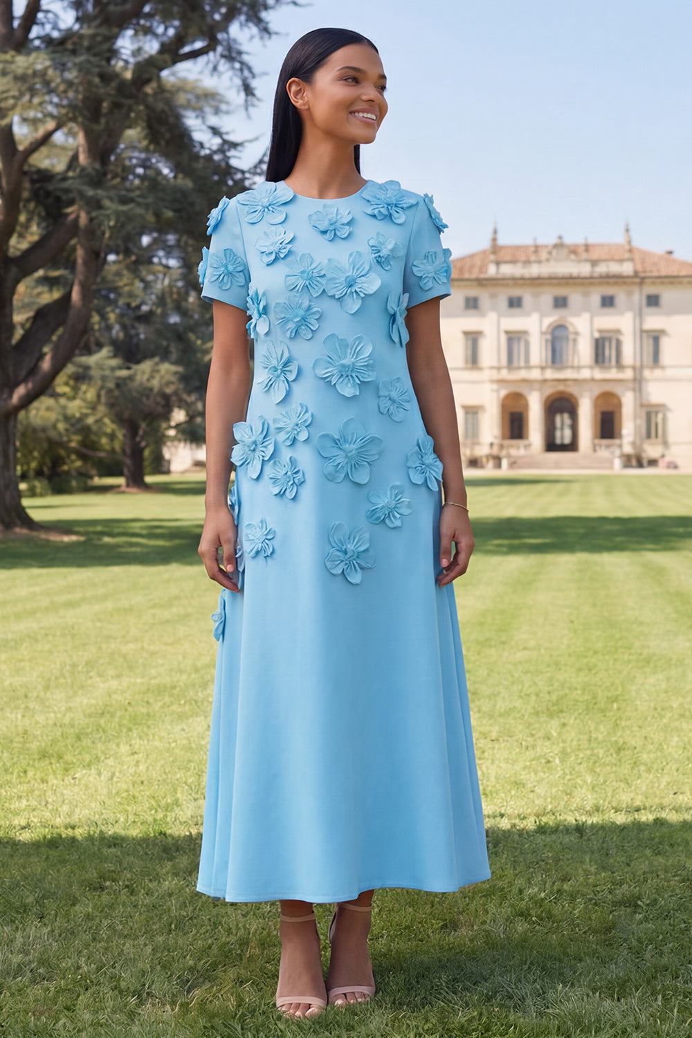 Butter Yellow A Line Round Neck Floral Maxi Wedding Guest Dress with Sleeves