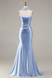 Sparkly Champagne Mermaid Neck Scarf Long Prom Dress with Beading