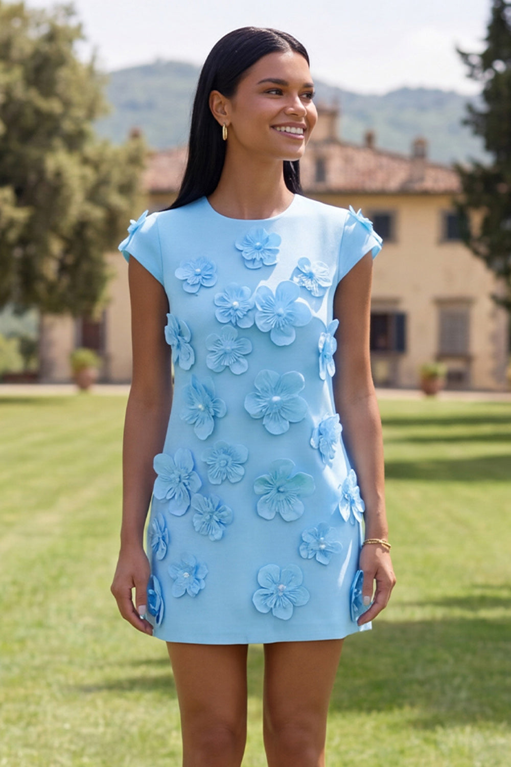 Butter Yellow Short Floral Round Neck Homecoming Dress with Sleeves